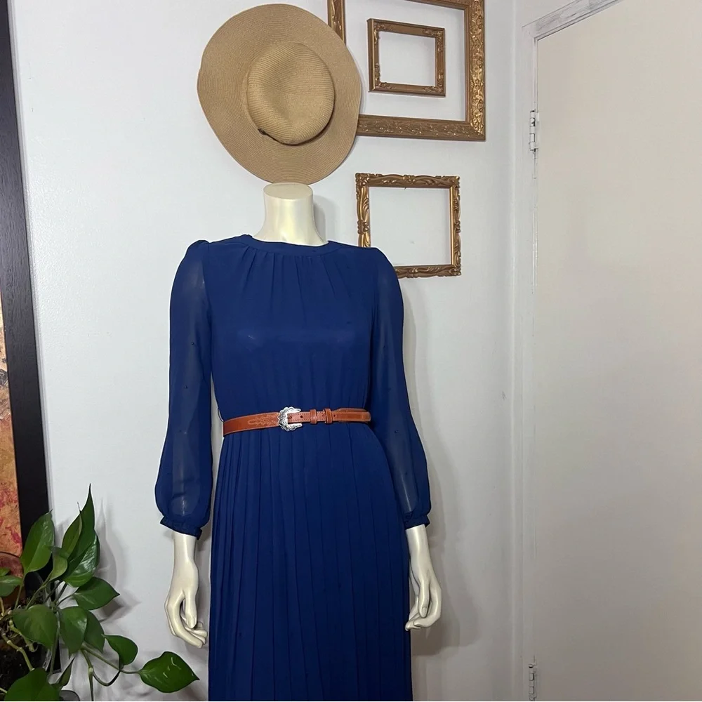 Vintage Ralph Baker Dress Navy Blue Pleated Skirt Chiffon Midi Dres Midi Size 6 - Picture 11 of 16